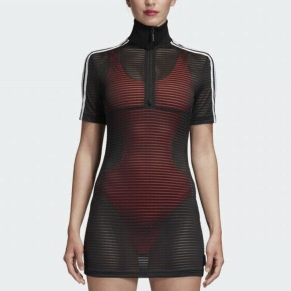 ADIDAS X FIORUCCI Women's black & white sheer stripe "FireBird" mini dress - Picture 6 of 9